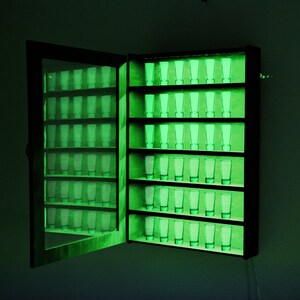 Lighted shot glass display, Shot glass wall holder, Shot glass led cabinet, Shot glass neon shelf, Shot glass display case with door