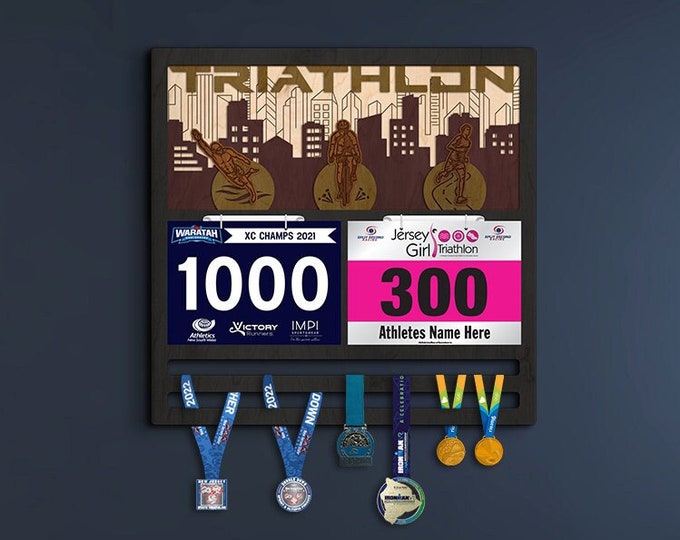 Triathlon medal and bib display, Triathlon medal holder, Triathlon medal hanger, Marathon medal rack, Race medal display triathlon