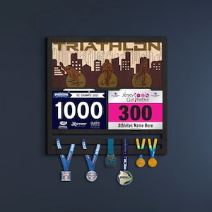 Triathlon medal and bib display, Triathlon medal holder, Triathlon medal hanger, Marathon medal rack, Race medal display triathlon
