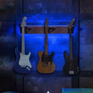 Guitar wall hanger wood, Guitar holder wall mount, Led guitar display case, Lighted guitar stand, Guitar stand wooden, Guitar rack wood