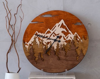 Mountain Wall Clok, Forest Wood Clock, Mountain Wall Decor, Nature Wall Clock, Decorative Wall Clock Modern, Wood wall clock