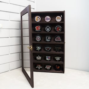 Hockey puck display case, Hockey puck holder, Display case with light, Hockey puck stand, Display shelf with door, Hockey puck display shelf