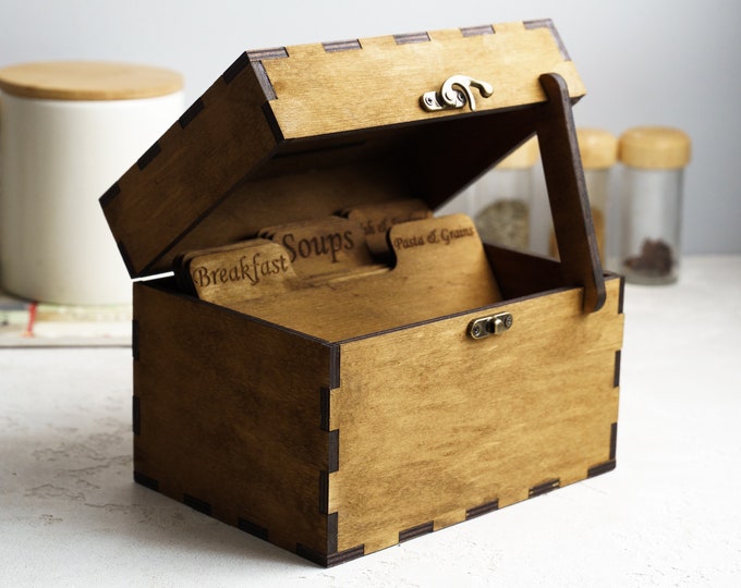 Personalized recipe box with dividers, Wooden recipe box personalized, Recipe box wood engraved, Custom recipe box, Rustic recipe box
