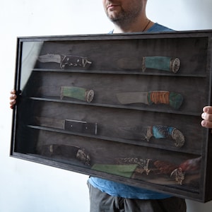 Display case for collectibles, Wood display shelf knives, Display case glass door, Gift for father day, Knive display gift for father day