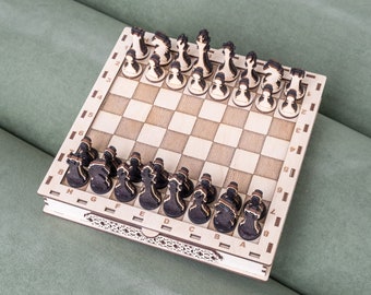 Chess set with drawer, Wood chess set with storage, Chessboard with storage, Chessboard organizer, Modern chess pieces