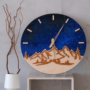 Night sky clock, Mountain wall clock, Nature wall clock, Acrylic wall clock, Decorative wall clock, Modern wall clock silent