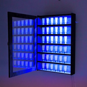 Shot glass display lighted, Shot glass display case with door, Shot glass personalized shelf, Shot glass holder for wall, Shot glass cabinet
