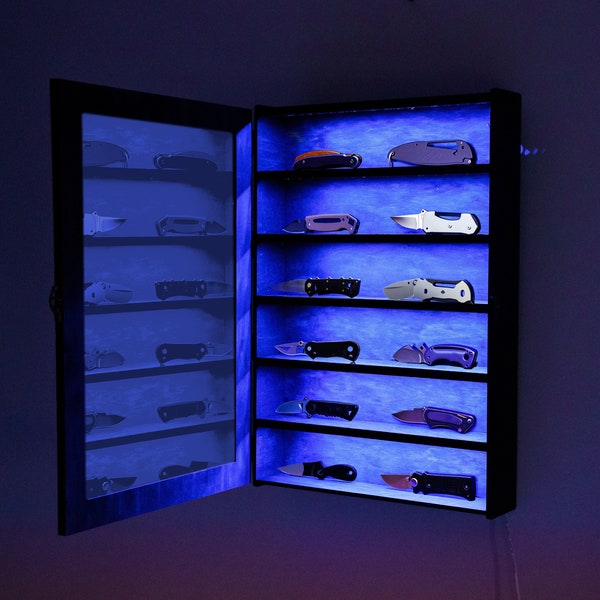 Knife led display case, Knife display with door, Pocket knife holder, Knife rack with light, Knife wall cabinet, Knife storage wooden