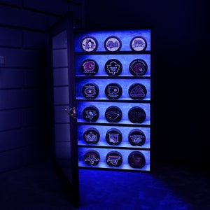 Hockey puck led cabinet, Hockey puck display wall case, Hockey puck shelf with light, Hockey puck neon rack, Hockey puck wall mount