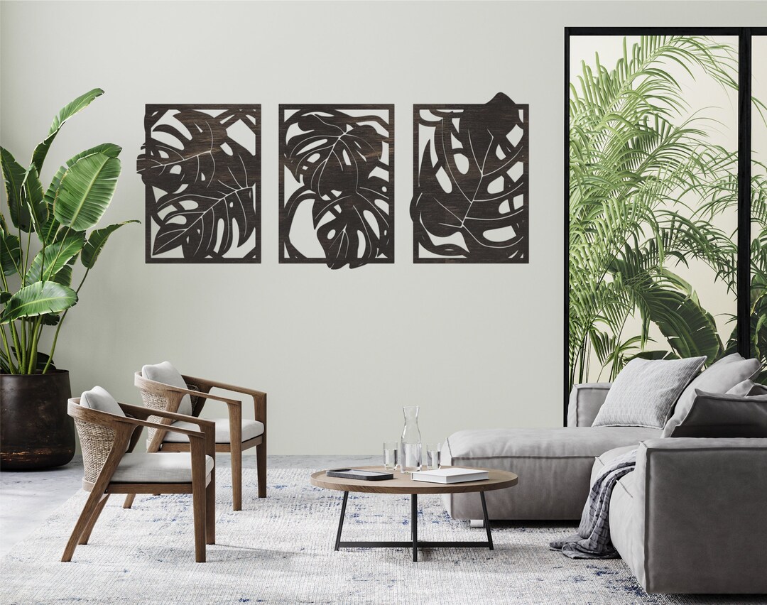 Monstera Wall Art Set, Monstera Wall Decor, Monstera Wood Sign, Panel