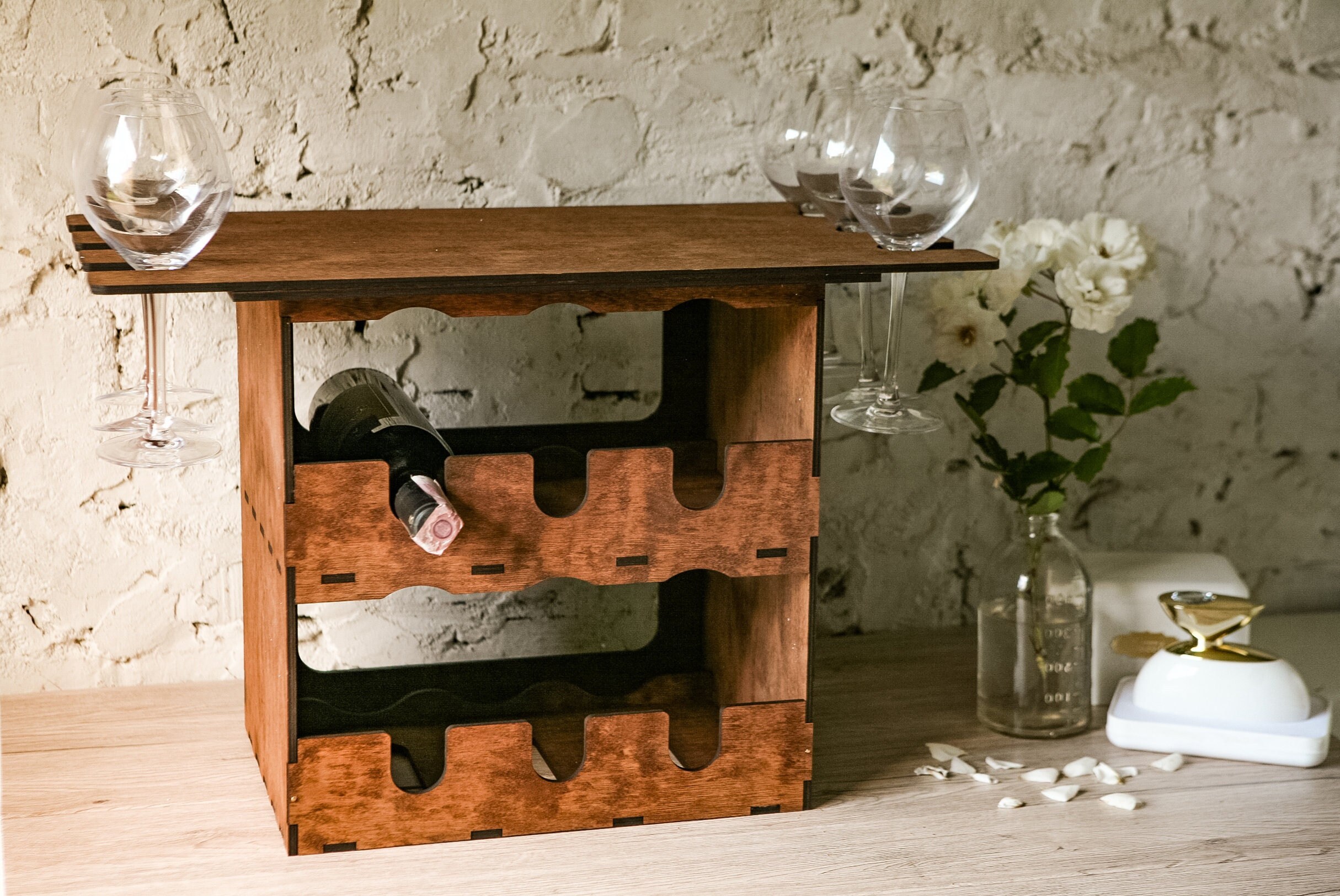 Weinregal Für Die Arbeitsplatte – Aus Holz & Metall, Für 9 Flaschen + 4 Gläser, 40cm Hoch