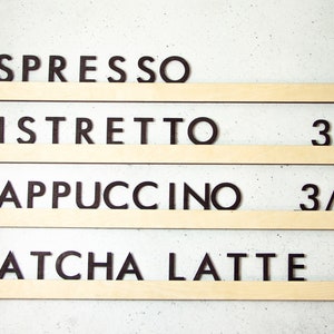 Menu board with letters, Menu board restaurant, Menu board coffee shop, Letter board for wall, Letter ledge set, Floating letter shelves