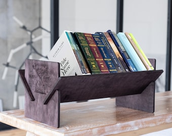 Tabletop bookshelf, Wooden bookshelf, Desk bookshelf, Trough-style bookshelf, Tabletop book rack, Portable book shelf, Tabletop book display