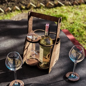 Wood wine caddy for bottle and glasses, Wine glasses holder, Wine carrier for 2 bottles, Portable wine bottle holder, Picnic wine holder