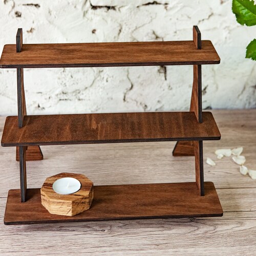 6-Tier Retail Display Stand For Vendor Booth 32 Inch Tall, Collapsible Natural Wood Display Riser Shelf Candles Mugs Small Items Leaf Shape Wooden Shelves