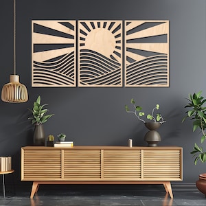 Wooden sun wall art, Wood wall sunburst, Sunburst wall decor, Mountain and sun wall art, Sun design wall art. Minimalist boho sun wood