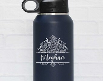 Personalized Yoga Water Bottle: Lotus Mandala, Laser Engraved