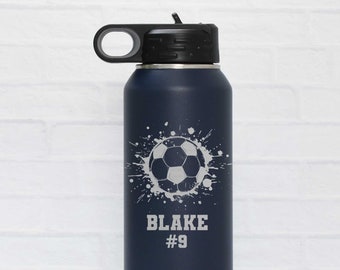 Personalized Soccer Steel Water Bottle with Name | Soccer Player Gift | Engraved with Splatter Soccer Ball