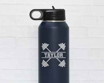 Personalized Workout Water Bottle: Laser Engraved Barbell Design
