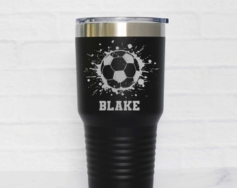 Personalized Soccer Tumbler Engraved with Name and Splatter Soccer Ball, Soccer Player Gift, Option to add Team Name