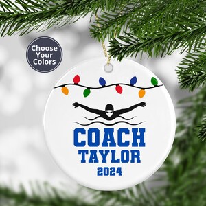 Personalized Swim Coach Ornament, Swim Coach Gift with Team Colors, Swim Coach Porcelain Christmas Ornament with Name