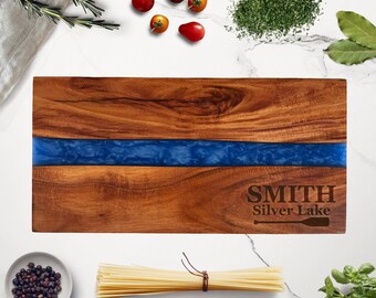 Custom Lake House Serving Board, Personalized Beach House Charcuterie Board, Coastal Decor. Acacia Wood and Resin