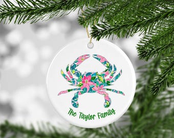 Personalized Crab Ornament: Floral Beach Decor, Host Gift, Customized with Name or Location