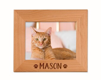 Personalized Cat Picture Frame: Laser Engraved Alder Wood, Cat Mom Gift