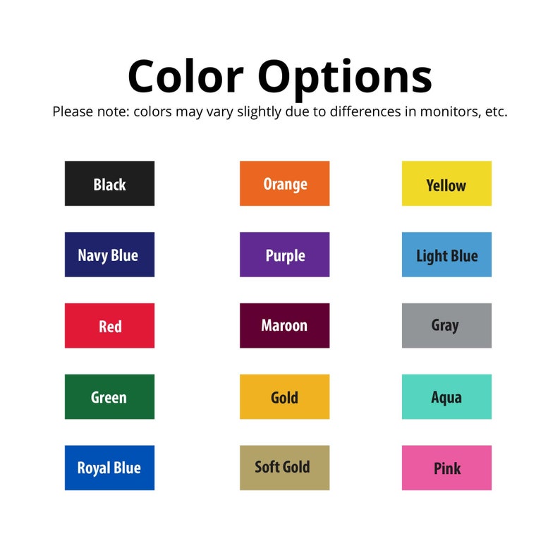 K&ouml;nnte beinhalten: Farboptionen-Tabelle mit 15 Farbmustern. Die Farben sind: Schwarz, Orange, Gelb, Marineblau, Lila, Hellblau, Rot, Weinrot, Grau, Gr&uuml;n, Gold, Aqua, K&ouml;nigsblau, Softgold und Pink.