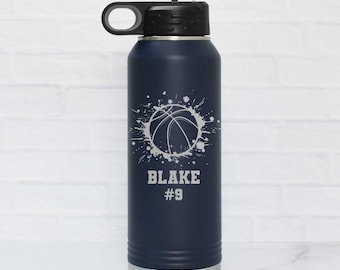 Personalized Basketball Water Bottle: Engraved Stainless Steel, Splatter Design, Basketball Gift