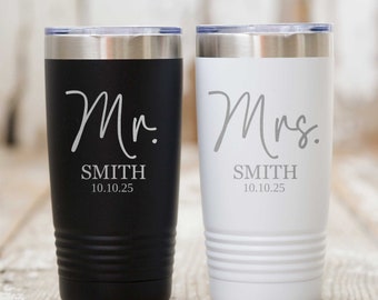 Bride and Groom Engraved Tumblers, Personalized Wedding Steel Tumbler Set of 2, Black and White Laser Engraved 20 or 30 oz Cups