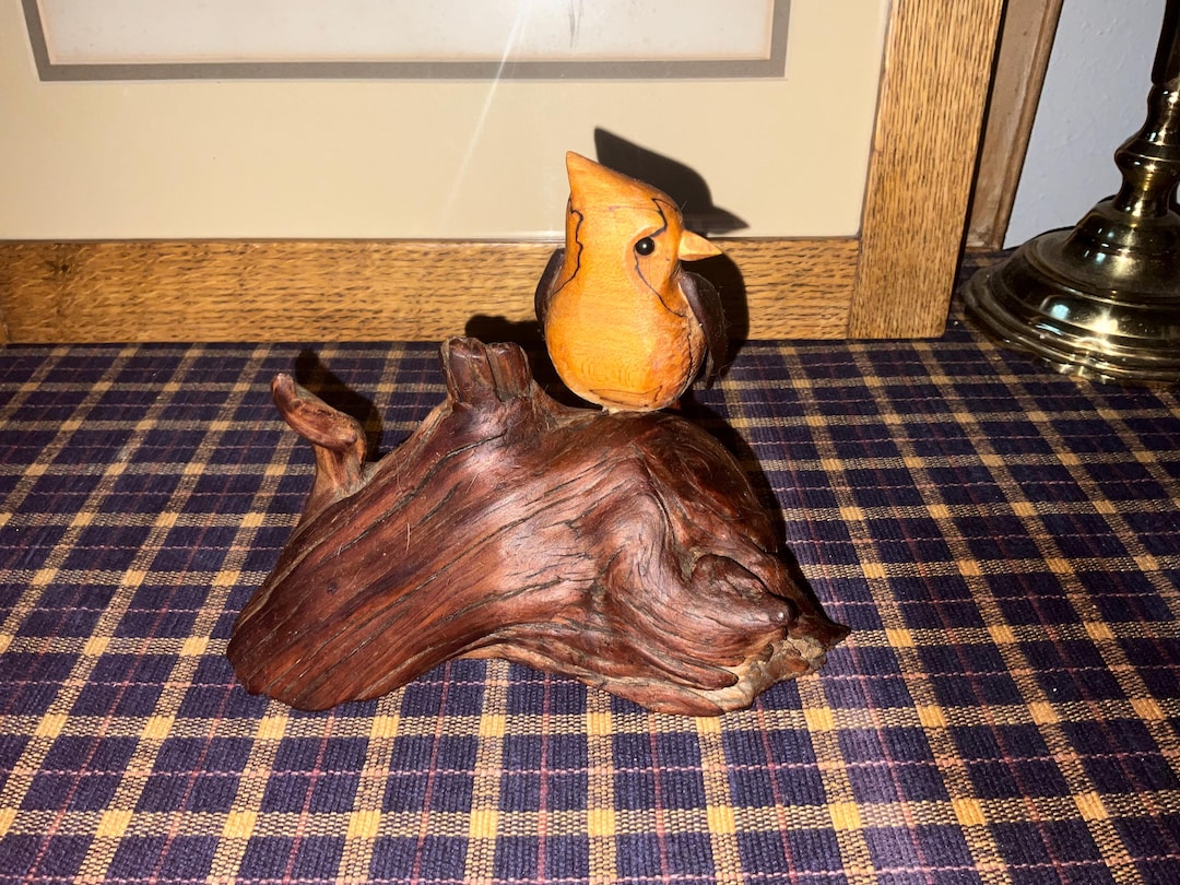 Vintage Hand Carved Hand Finished Wooden Cardinal Bird Perched on a Log ... - Hand Finished Wood Decor