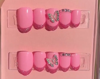 Pink Sparkle French Nail | Pink Nails | Charm Press On Nails | Glue On Nails | Luxury Press on Nails | Pink French Tip