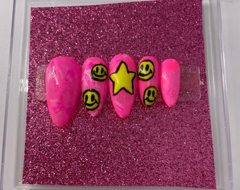 Smiley Face Nails | Pink Smile Press On Nails | Pink Marble Nails | Glue On Nails | Cute Nails | Almond Fake Nails | Marble Swirl Nails