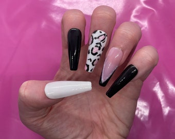 Cheetah Press On Nails | Black French Nails | Pink Cheetah Fake Nails | Hand Painted Gel Nails | Luxury | Glue On Nails | Handmade Nails