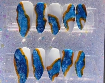 Blue Mosaic Nails | Blue Press on Nails | Luxury Press on Nails | Almond Press On Nails