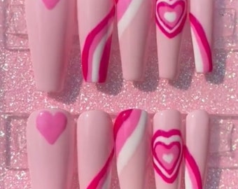 Pink Heart Nails | Press on Nails | Valentines Day Nails | Light Pink Press On Nails | Glue On Nails | Luxury Press on Nails