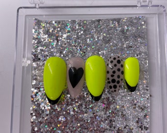 Neon French Nails | Neon Press On Nails  | Faux Heart Art Nails | Black Tip Stick On Nails | Fake Neon Yellow Nails