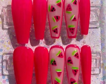 Watermelon Press On Nails | Fruit Nails | Summer Glue On Nails | Luxury Press On Nails