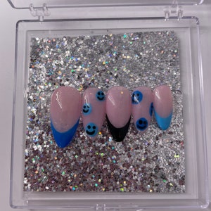 Blue French Tip Smile Nails | Blue French Press On Nails | French Tip Nails | Glue On Nails | Cute Nails | Almond Fake Nails | Luxury Nails
