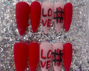 Red Matte Press on Nails | Stiletto Nails | Heart Press On Nails | Glue On Nails | Tic Tac Toe Nails | Luxury Nails