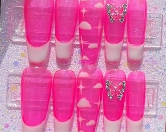 Jelly Press On Nails | Pink Jelly Press On Nails | Glue on Nails | False Nails | French Glue On Nails | Gifts For Her