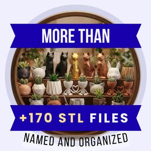 Puede incluir: Exhibición de pequeñas macetas, cada una con una suculenta o cactus. Las macetas tienen formas de animales y diseños geométricos. El texto en la imagen dice "MORE THAN +170 STL FILES NAMED AND ORGANIZED."