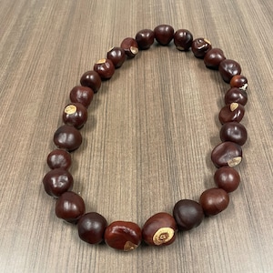 May include: A necklace made of brown chestnut shells strung together.