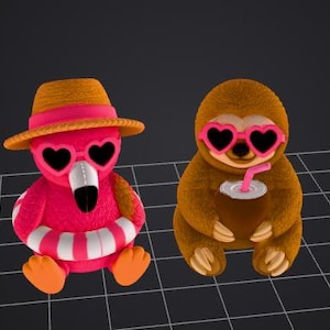 May include: Two plush toys: a pink flamingo wearing a hat and heart-shaped sunglasses, and a brown sloth with heart-shaped sunglasses, holding a drink. The flamingo has a white and red striped inner tube. Both are on a grid.