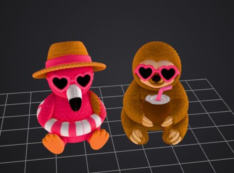 May include: Two plush toys: a pink flamingo wearing a hat and heart-shaped sunglasses, and a brown sloth with heart-shaped sunglasses, holding a drink. The flamingo has a white and red striped inner tube. Both are on a grid.