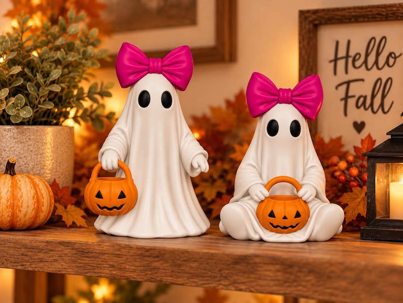 Halloween ghost figurine pair with pink bows and orange pumpkin trick or treat buckets, featuring one standing ghost and one seated ghost.