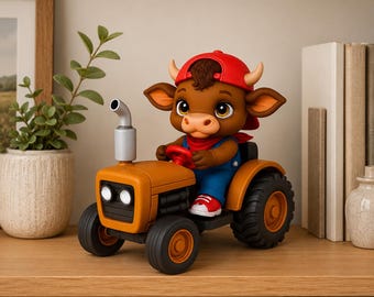 トラクターを運転する牛のSTLファイル｜漫画風の農場動物の3Dプリント用装飾品（即時ダウンロード）