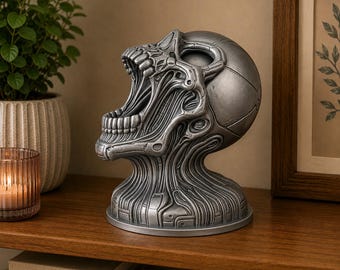 バイオメカニカルスカルバストSTL｜サイバーパンクホラーデスクスタチュー（デジタルダウンロード）