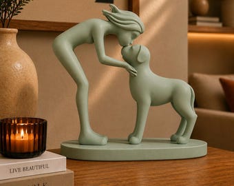 STL-bestand vrouw en hond sculptuur, minimalistische huisdier Memorial 3D-print